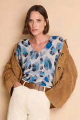 AUREOLE BLUE LONG SLEEVES V-NECKLINE PRINTED SWEATER