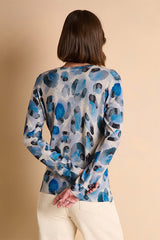 AUREOLE BLUE LONG SLEEVES V-NECKLINE PRINTED SWEATER