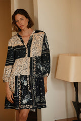 REDFORD SHORT BLACK 3/4 SLEEVES PRINTED DRESS