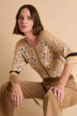 ACADAMIA LIGHT BROWN SHORT SLEEVES PRINTED SWEATER