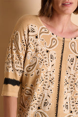 ACADAMIA LIGHT BROWN SHORT SLEEVES PRINTED SWEATER