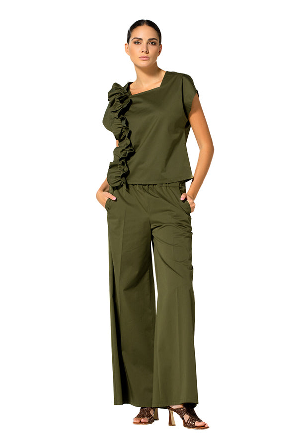 KHAKI COTTON PALAZZO TROUSERS