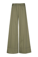 KAKI ELASTICATED WAIST FINE COTTON PALAZZO TROUSERS