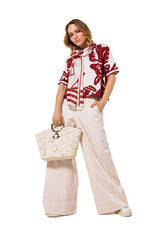 NATURAL ELASTICATED WAIST FINE COTTON PALAZZO TROUSERS