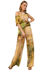 ELASTICATED WAIST SAFARI PRINT PALAZZO TROUSERS