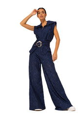 INDIGO WIDE LEG SLEEVELESS LACE JUMPSUIT