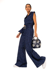 INDIGO WIDE LEG SLEEVELESS LACE JUMPSUIT