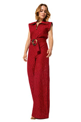 DARK RED WIDE LEG LACE SLEEVELESS JUMPSUIT