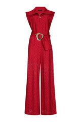 DARK RED WIDE LEG LACE SLEEVELESS JUMPSUIT