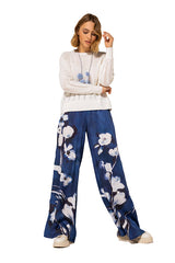 ELASTICATED WAIST WATERCOLOUR PRINT PALAZZO TROUSERS