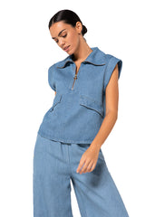 CRYSTAL BLUE COLLAR DETAIL DENIM TOP