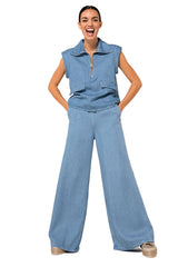 CRYSTAL BLUE COLLAR DETAIL DENIM TOP