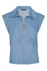 CRYSTAL BLUE COLLAR DETAIL DENIM TOP