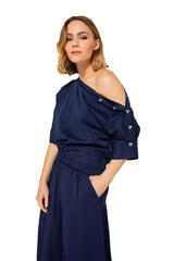INDIGO SLEEVE DETAIL FINE COTTON TOP