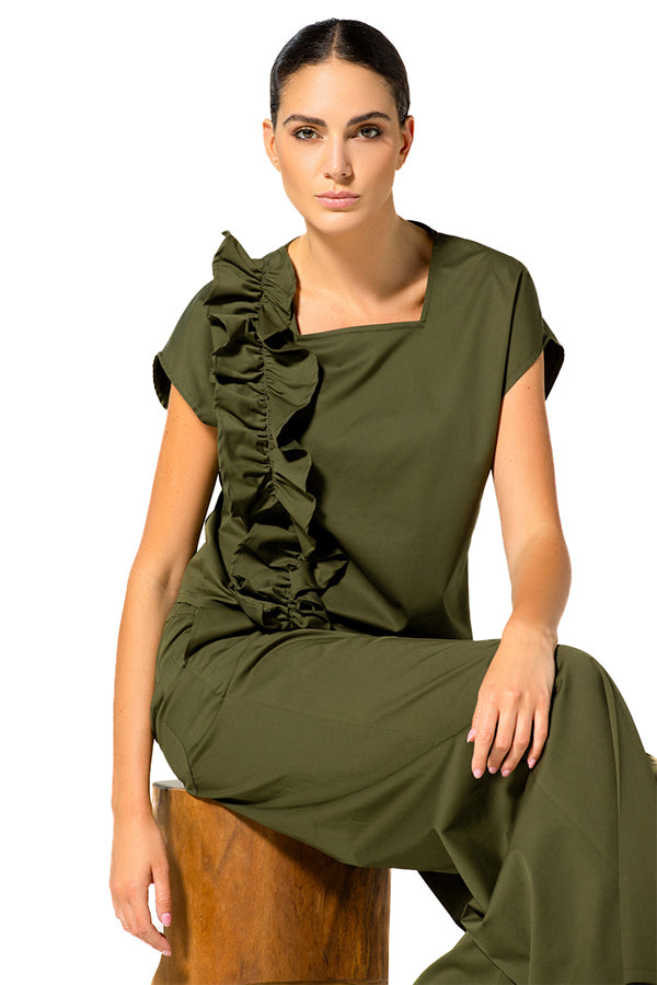 KHAKI SIDE FLOUNCE COTTON TOP