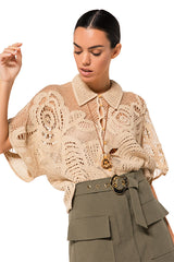 BEIGE FLORAL PATTERN CROCHETED BLOUSE