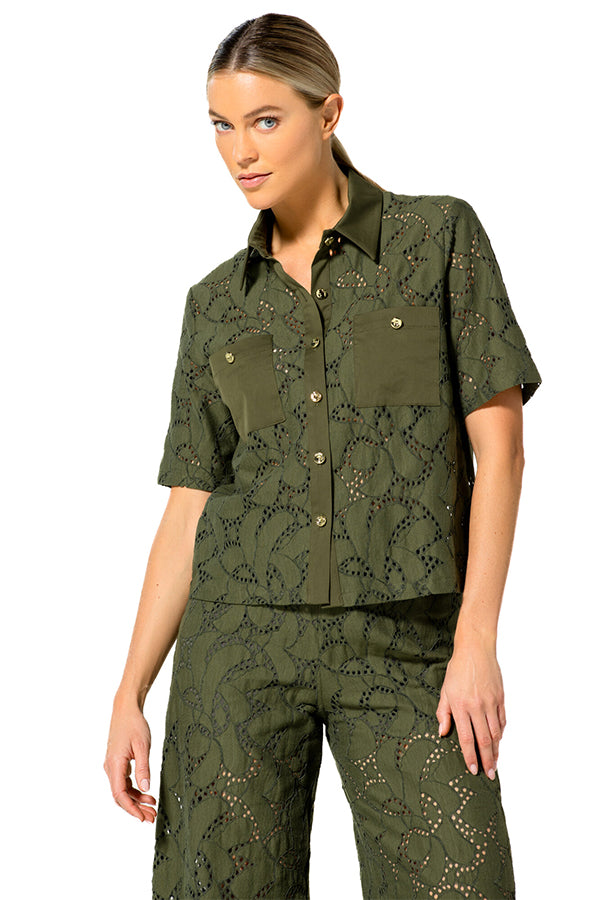 KHAKI LACE STRAIGHT SHORT SHIRT