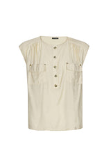 CREAM SHINY PLEAT EFFECT CAP SLEEVE TOP