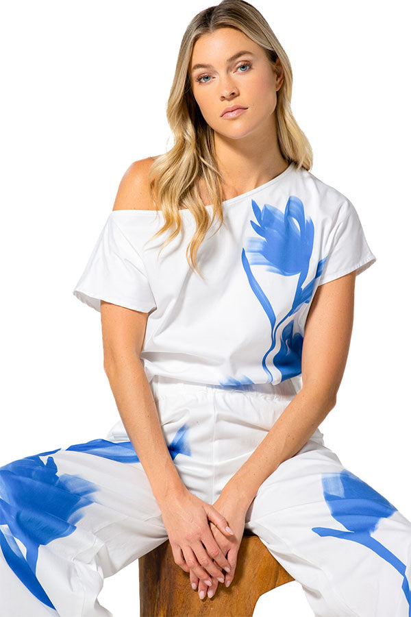 FLORAL PRINT SHORT COTTON ASYMMETRIC TOP