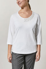 WHITE VALLATA EMBELLISHED COLLAR COTTON JERSEY T SHIRT