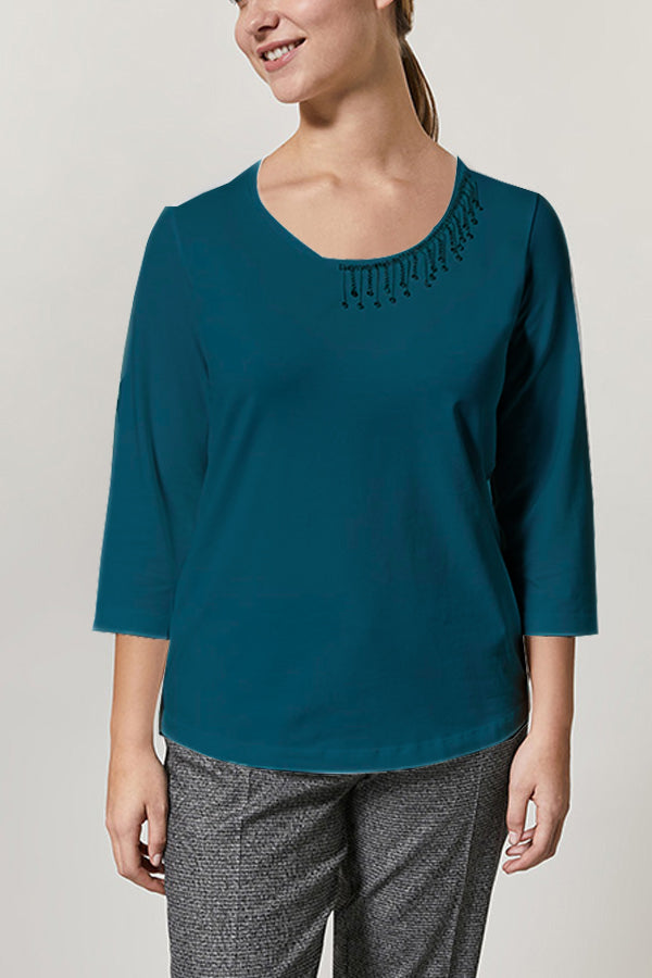 GREEN VALLATA EMBELLISHED COLLAR COTTON JERSEY T SHIRT