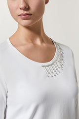 WHITE VALLATA EMBELLISHED COLLAR COTTON JERSEY T SHIRT