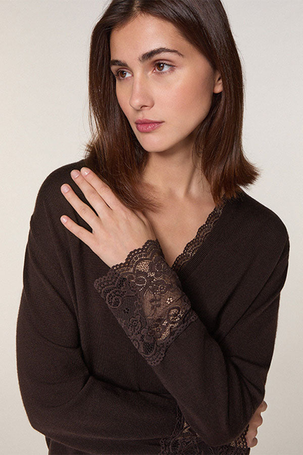 BROWN V NECK LACE SWEATER IN WOOL