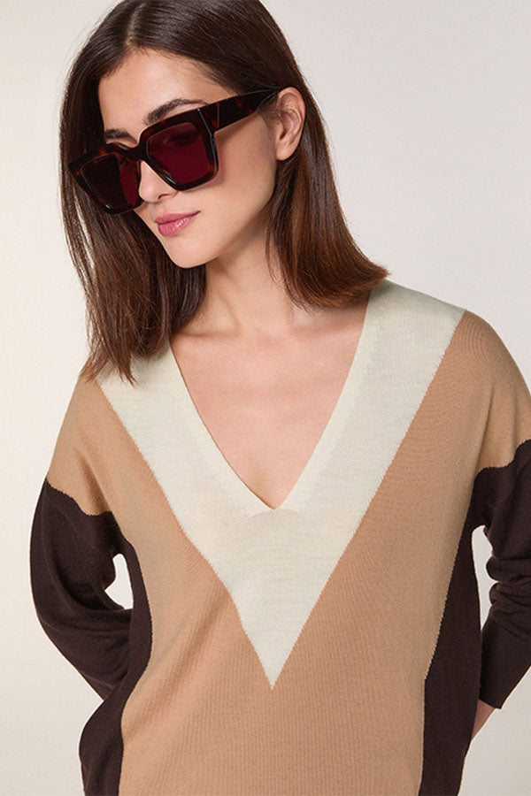 BROWN INTARSIA WOOL PULLOVER