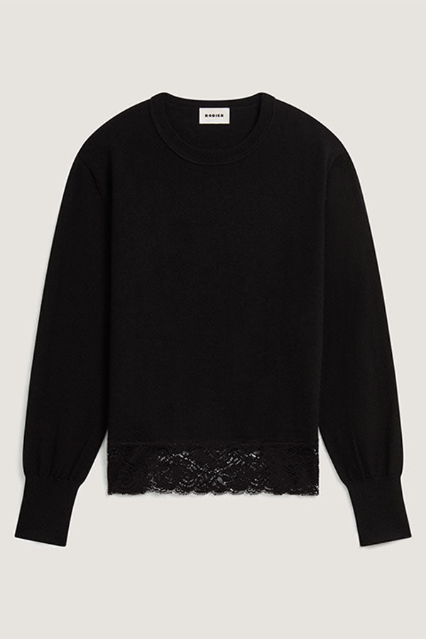 BLACK ROUND NECK LACE WOOL SWEATER