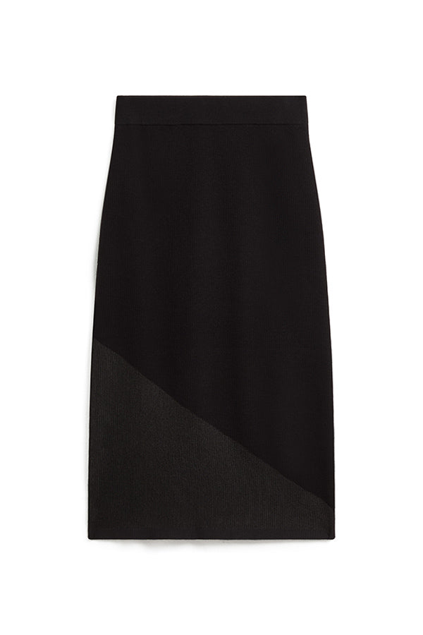 BLACK TWO MATERIAL WOOL LONG SKIRT