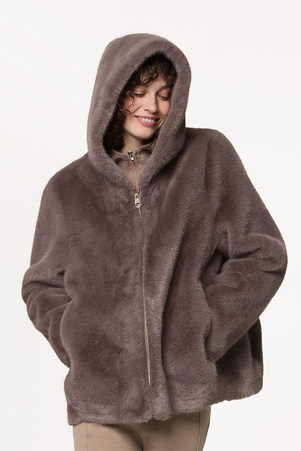 BROWN FAUX FUR HOODED JACKET