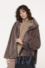 BROWN FAUX FUR HOODED JACKET