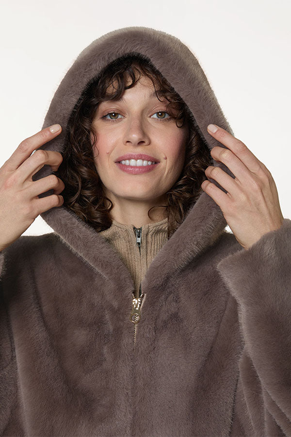 BROWN FAUX FUR HOODED JACKET