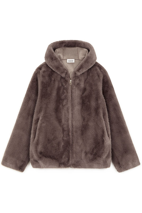 BROWN FAUX FUR HOODED JACKET