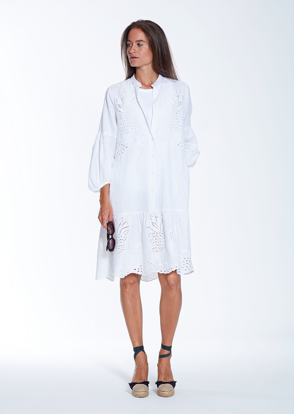 MILA DRESS FANCY WHITE EYELET LINEN DRESS