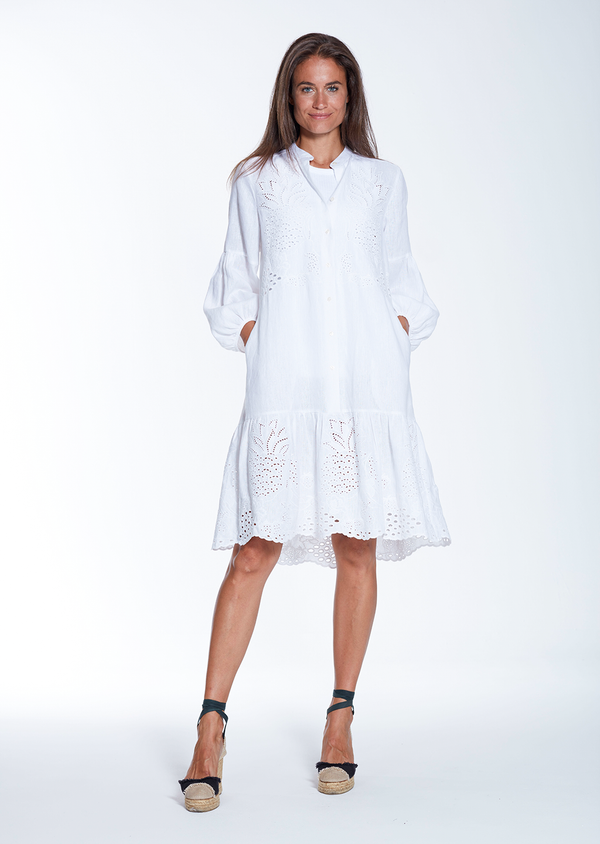 MILA DRESS FANCY WHITE EYELET LINEN DRESS