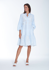 MILA DRESS FANCY BLUE EYELET LINEN DRESS