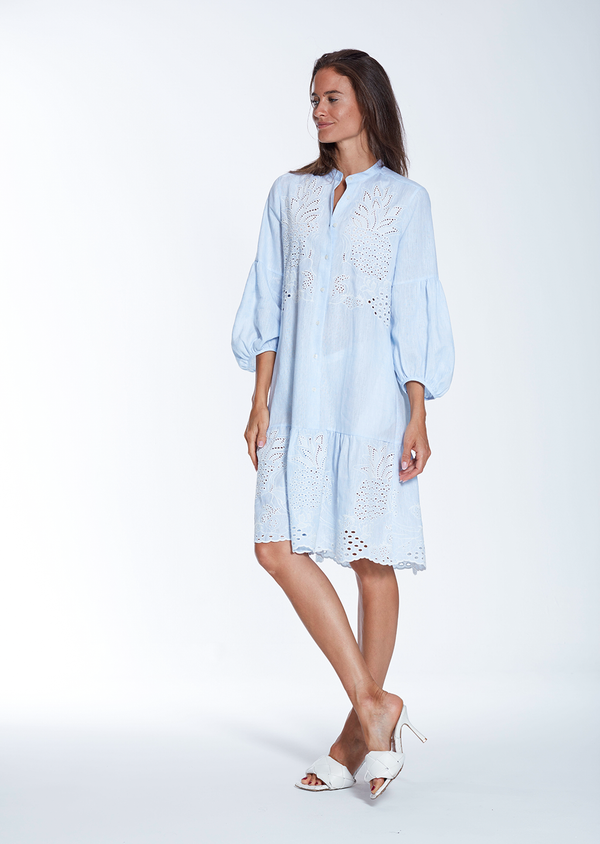 MILA DRESS FANCY BLUE EYELET LINEN DRESS