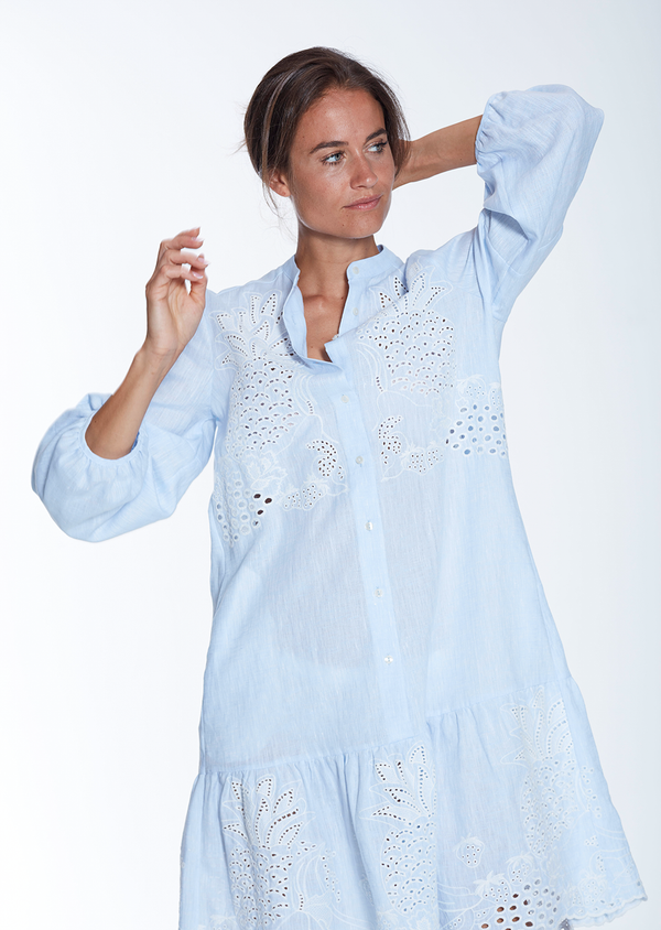 MILA DRESS FANCY BLUE EYELET LINEN DRESS