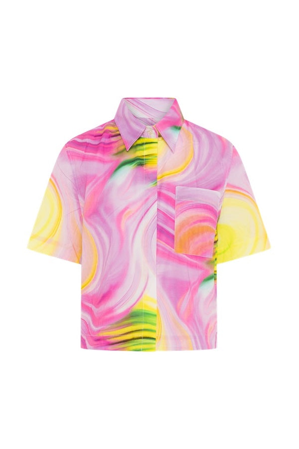 MIRANDA PINK & YELLOW WAVY PRINT COTTON BLOUSE