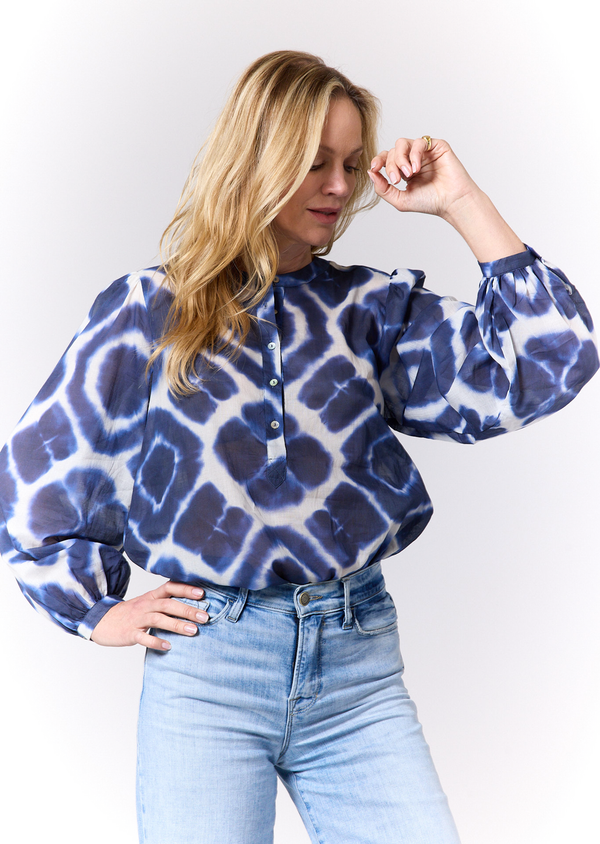 ANNI DARK BLUE TIE DYE PRINT VOILE BLOUSE