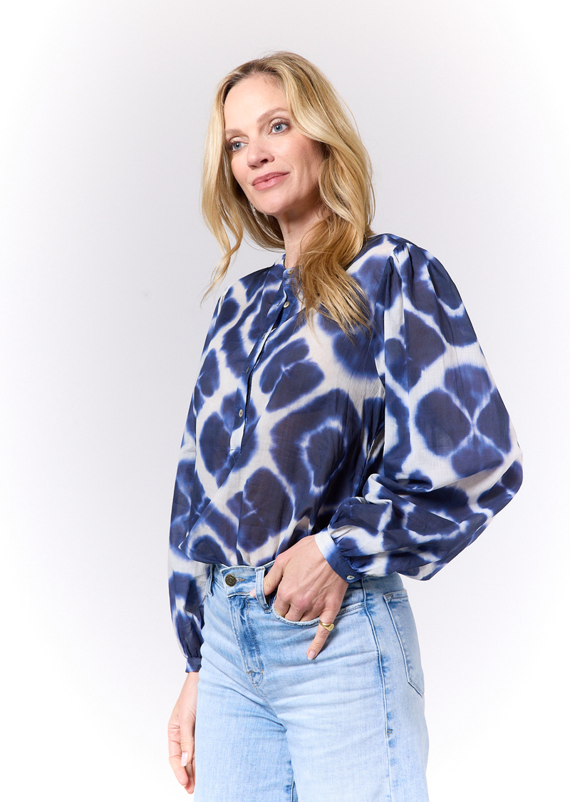 ANNI DARK BLUE TIE DYE PRINT VOILE BLOUSE