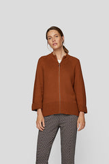 BROWN WOVEN ZIPPERED CARDIGAN