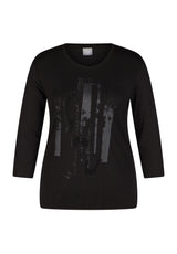 BLACK 3/4 SLEEVE STRASS PRINT T-SHIRT