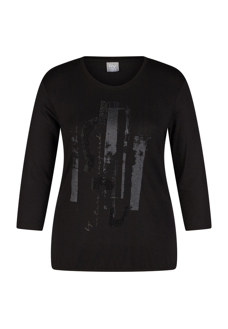 BLACK 3/4 SLEEVE STRASS PRINT T-SHIRT