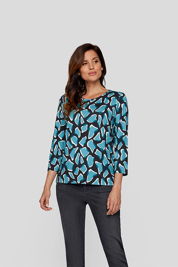 BLUE ABSTRACT PRINT 3/4 SLEEVED T-SHIRT