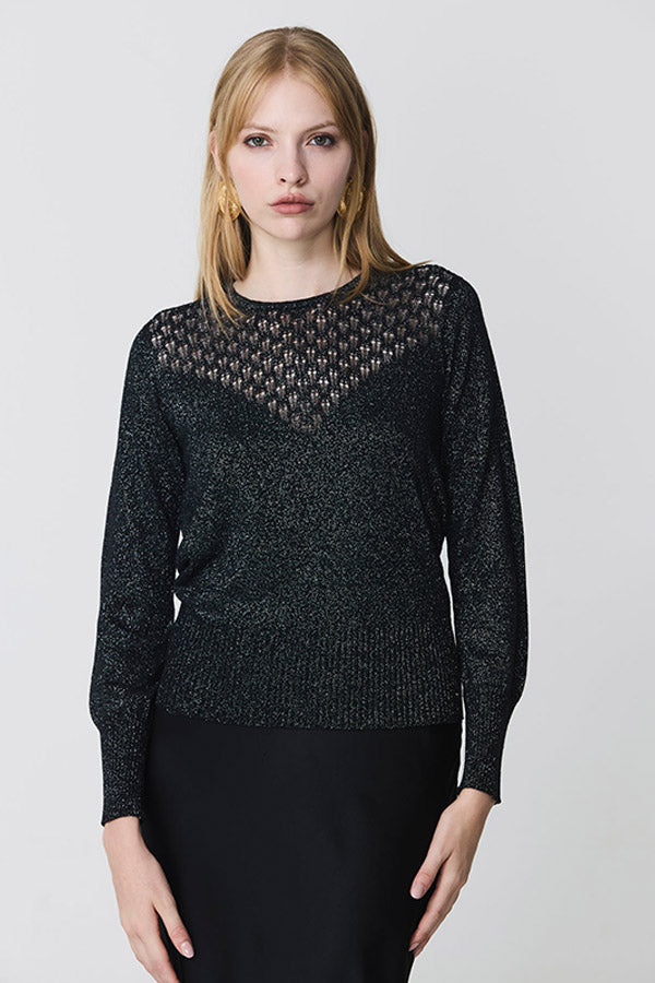 OPENWORK LUREX CREWNECK BLACK SWEATER