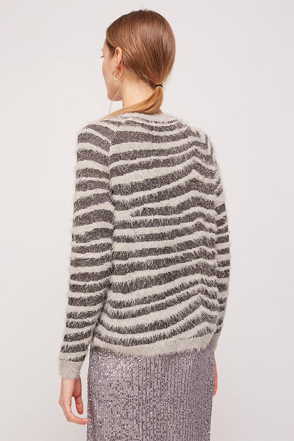 GREY BI-MATERIAL STRIPED JAQUARD SWEATER