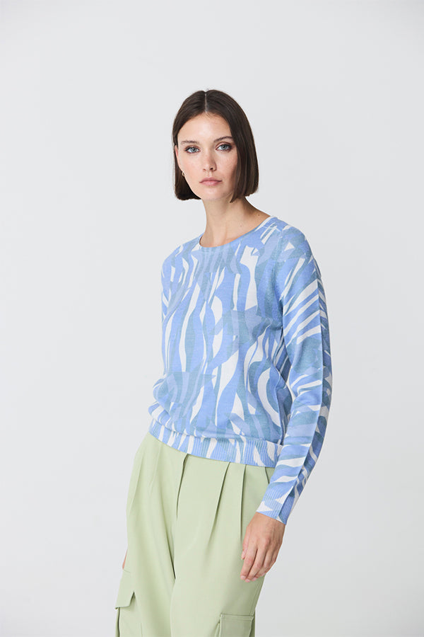 BLUE PRINTED ROUND NECK SWEATER