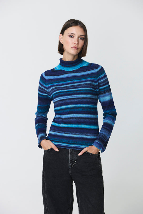 BLUE STRIPED HIGH NECK SWEATER